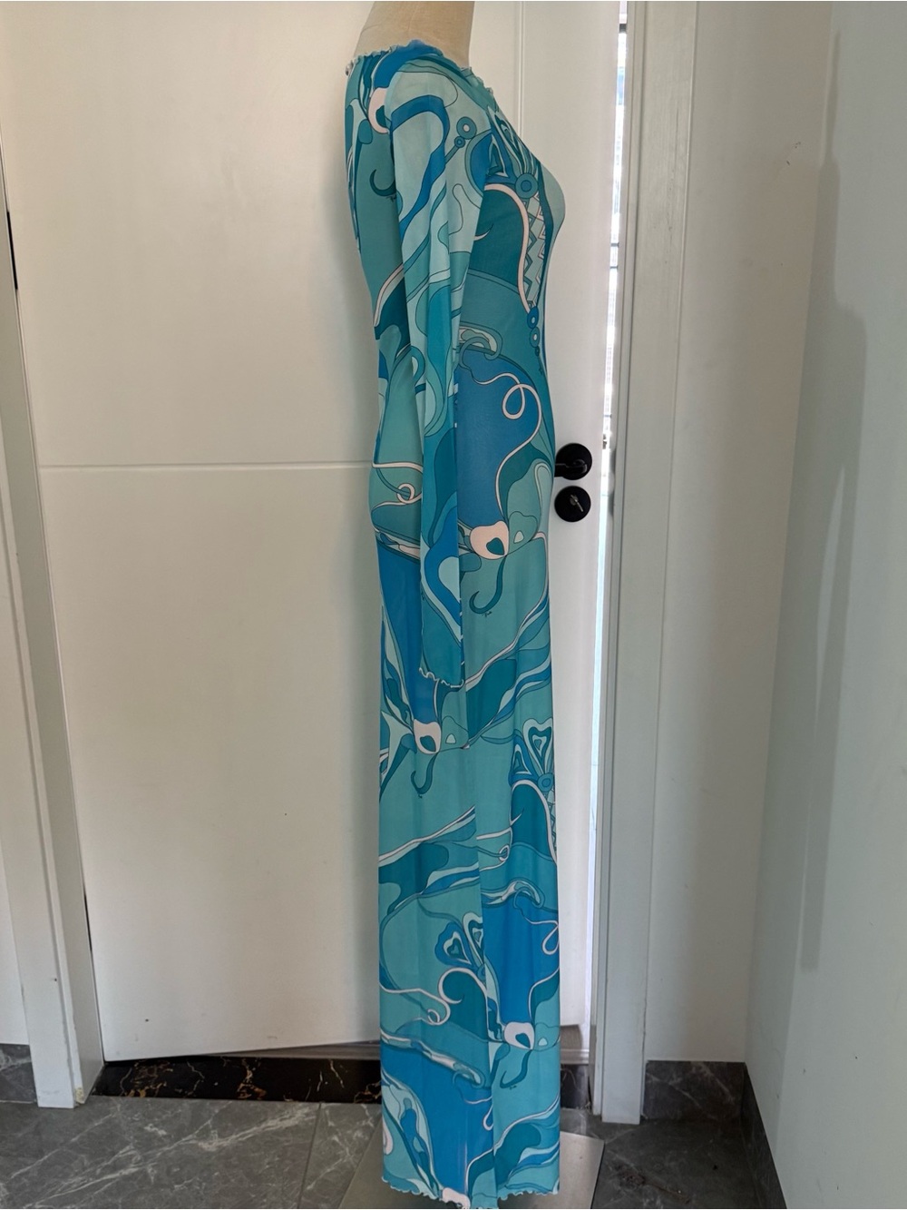 Emilio Pucci Turquoise and Aqua Printed Long-Sleeve Maxi Dress - Picture 3 of 10